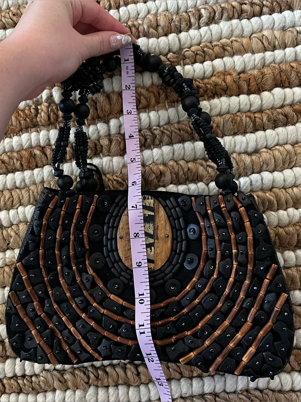 Vintage Handcrafted Black and Brown wooden Beaded Evening mini Bag